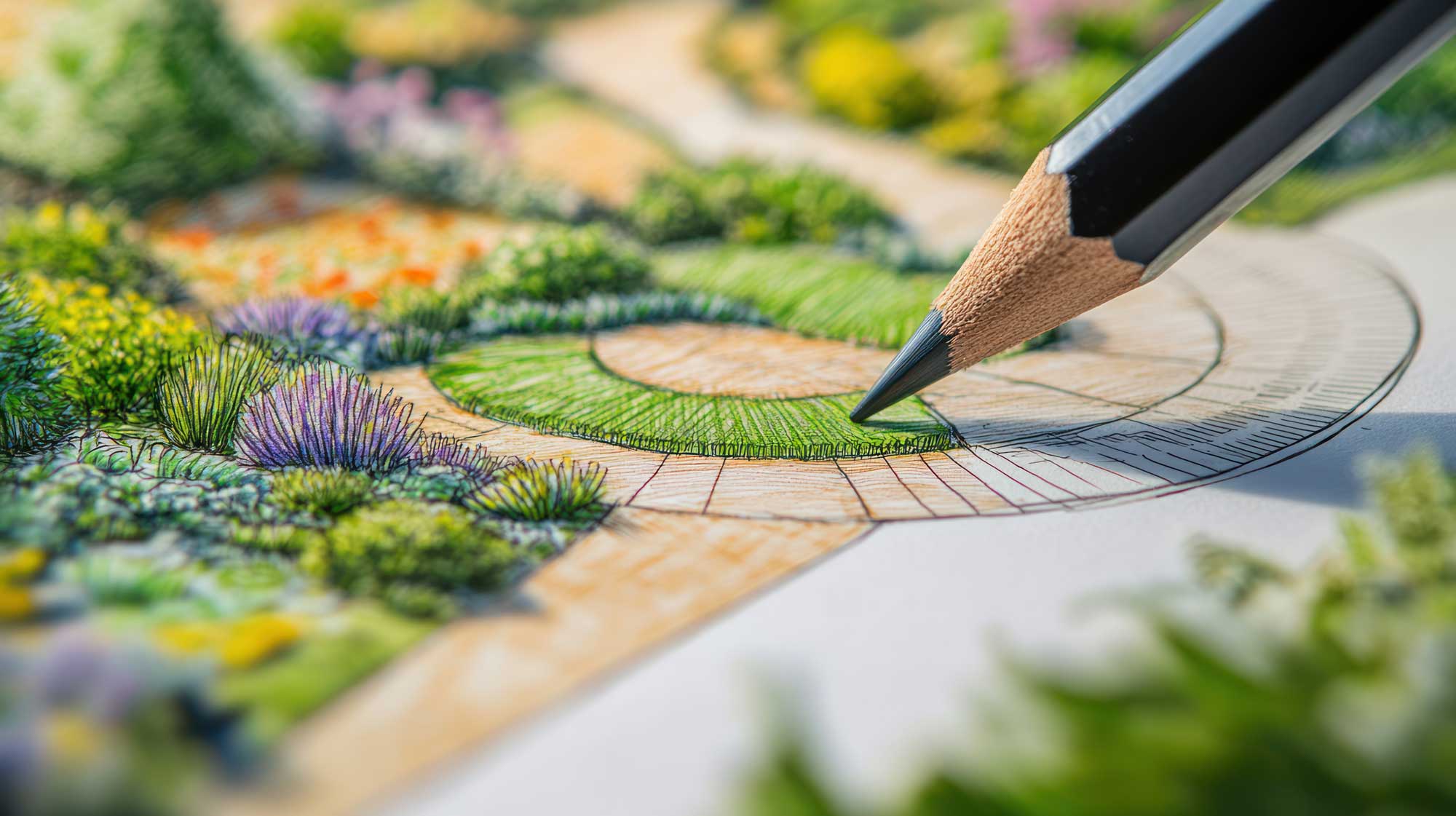 Landscape design pencil sketch, garden plan, outdoor, flowerbeds, sunlight