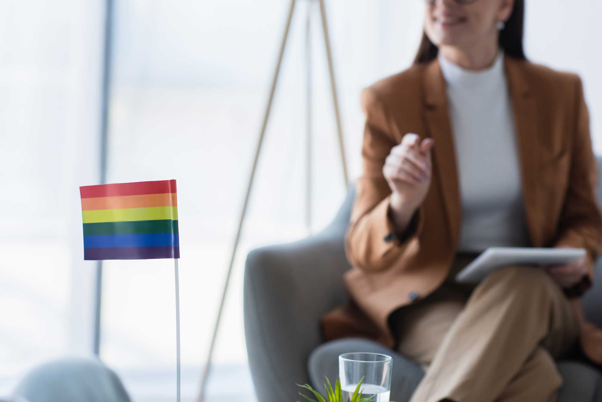 a rainbow flag in a office setting