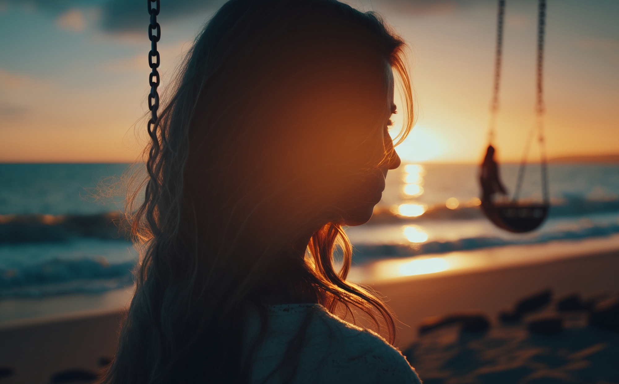 Single woman alone swinging on the beach